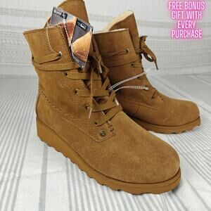 Bearpaw Suede Lace Up Boots Wool Blend Lined Sheepskin Footbed Size 8 NWT